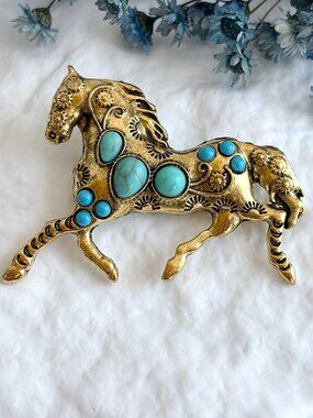 Horse Equestrian Vintage Inspired Faux Turquoise Gold Toned Brooch Pin
